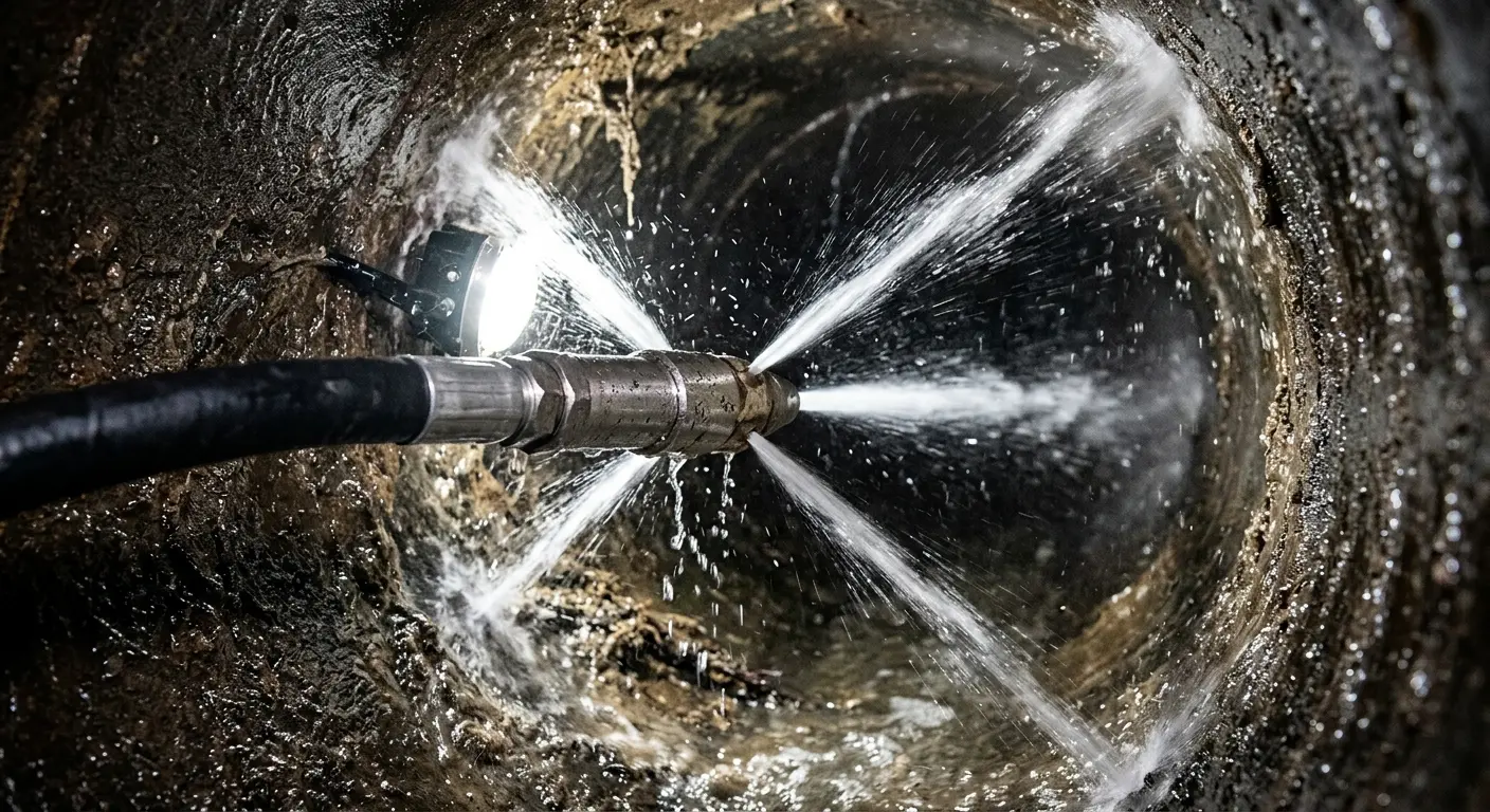 High-pressure hydro jetting nozzle cleaning sewer pipe for Sewer Line Relining in Newport