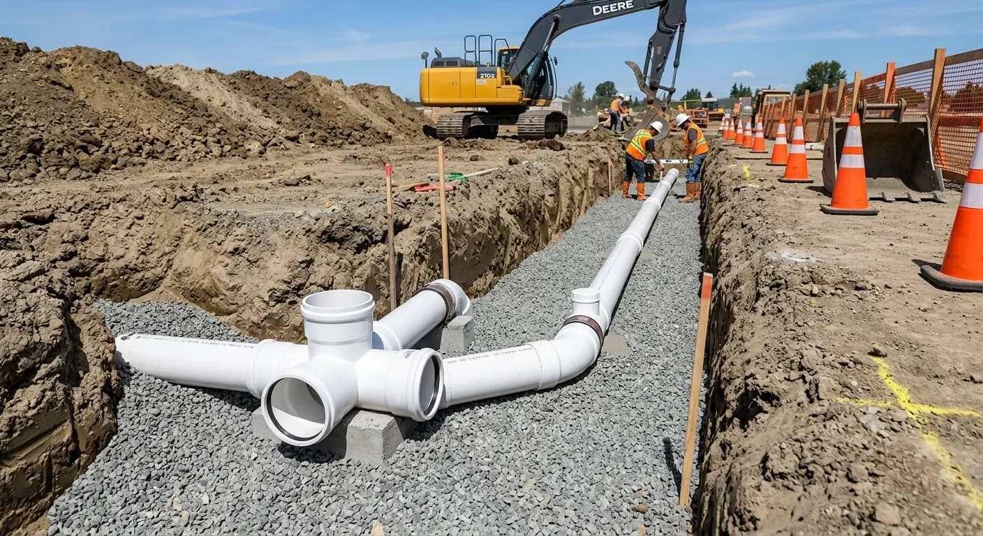 New PVC sewer pipe installation in open trench for Commercial Drain Cleaning in Newport