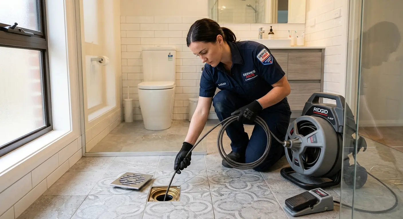 Technician clearing a bathroom floor drain for Clogged Drain Repair in Newport